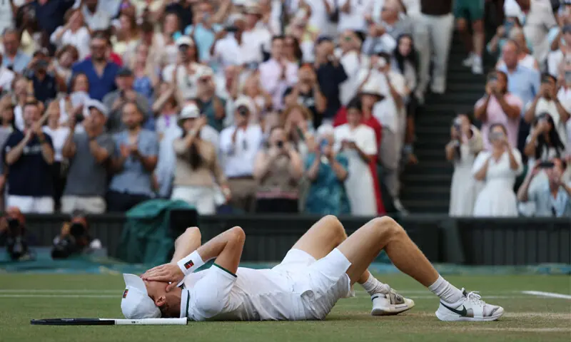 LONDON: Jannik Sinner lies on his back after successfully defending his Wimbledon men’s singles title against Alexander Zverev. Sinner, the world number one, recovered after losing the first set in a match largely dominated by serve, eventually wearing his opponent down to secure a 6-7 (7/9), 7-6 (7/2), 6-3, 6-4 win.—Reuters
