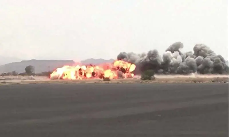 This screen grab taken from video footage released by the Houthi rebels’ Al-Masirah TV channel and made available via AFPTV on July 13, 2026, shows airstrikes hitting Sanaa airport. — AFP