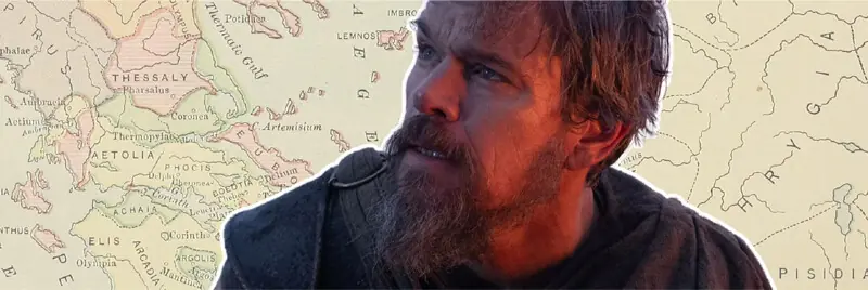 Matt Damon as Odysseus in The Odyssey (2026) with a map of ancient Greece in the background | Universal Studios