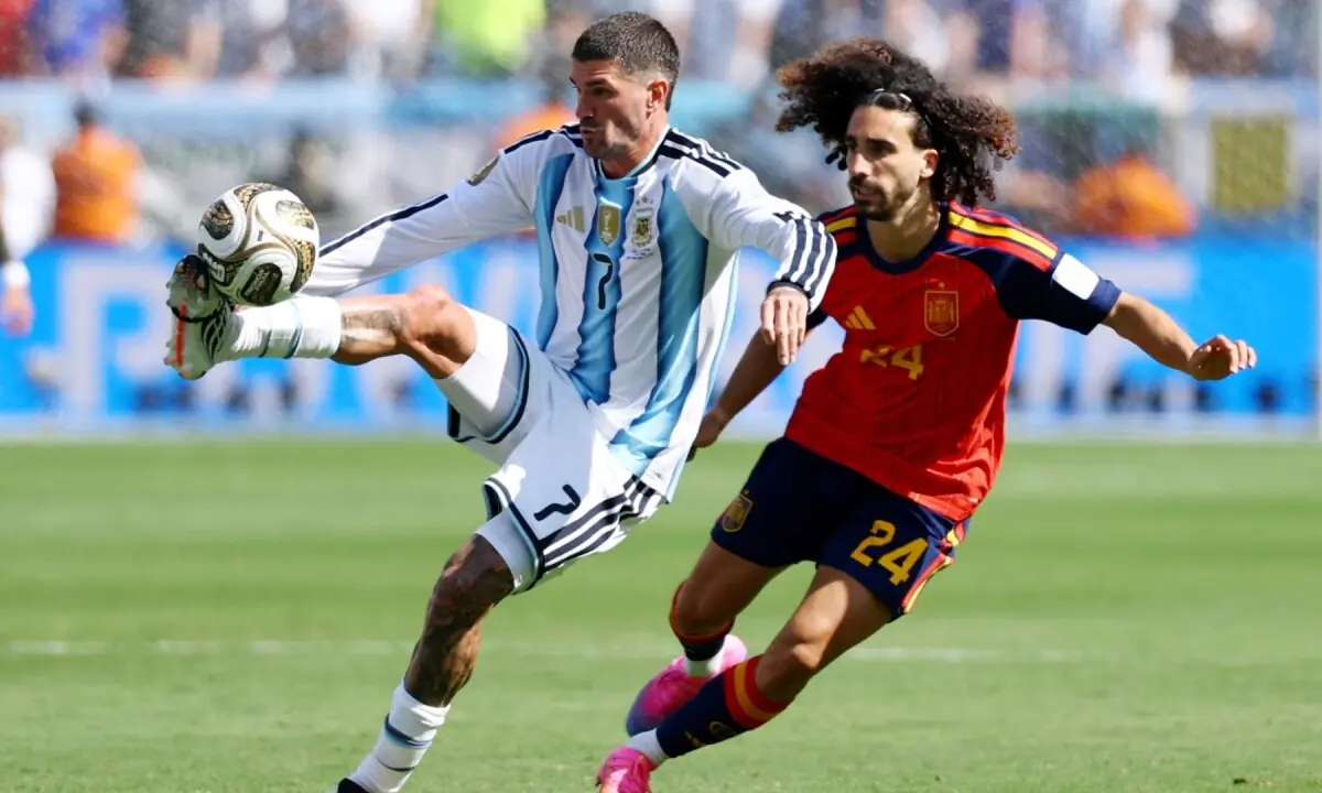 Argentina’s Rodrigo De Paul in action with Spain’s Marc Cucurella during the 2026 FIFA World Cup final between Spain and Argentina at the New York/New Jersey Stadium, East Rutherford, New Jersey, the US on July 19, 2026. — Reuters