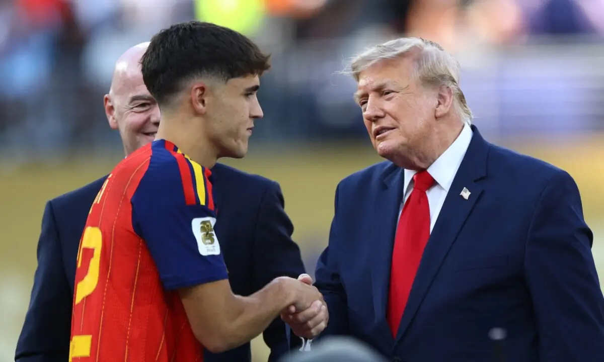 Spain&rsquo;s Pau Cubarsi shakes US President Donald Trump&rsquo;s hand as he is awarded the FIFA Young Player award after the 2026 FIFA World Cup final at the New York/New Jersey Stadium, East Rutherford, New Jersey, the US on July 19, 2026. &mdash; Reuters