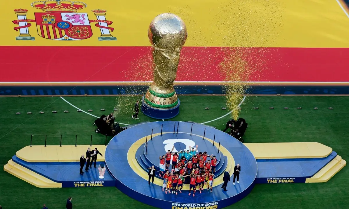Fireworks explode above the stadium as Spain&rsquo;s players celebrate with the trophy during the final ceremony after the 2026 World Cup between Spain and Argentina at the New York/New Jersey Stadium in East Rutherford, New Jersey, the US on July 19, 2026. &mdash; AFP