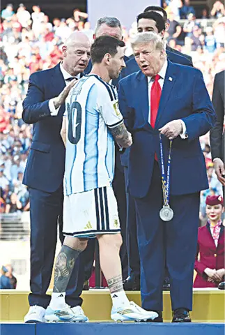 ARGENTINIAN captain Lionel Messi is greeted by US President Donald Trump and FIFA chief Gianni Infantino, during the presentation ceremony following the 2026 World Cup final at New Jersey Stadium in East Rutherford.—AFP