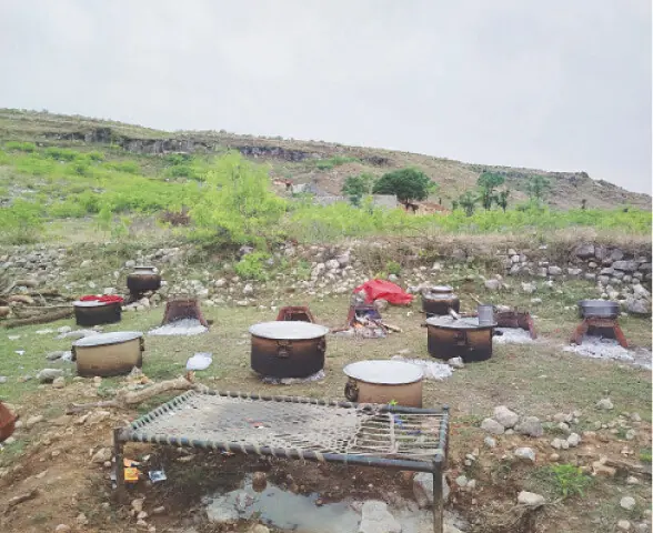 Meals cooked in cauldrons is ready to be served as a marriage ceremony of a Bakarwal family takes place in the hilly terrain near Katas Raj.