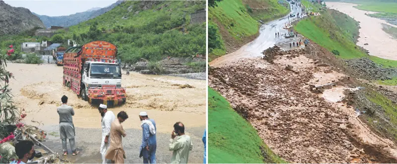 A truck crosses a rainwater stream overflowing Torkham Highway in Landi Kotal, Khyber tribal district, on Monday. (Right) A mudslide blocks MNJ Road in Soach area of Kaghan Valley, Mansehra. — Dawn