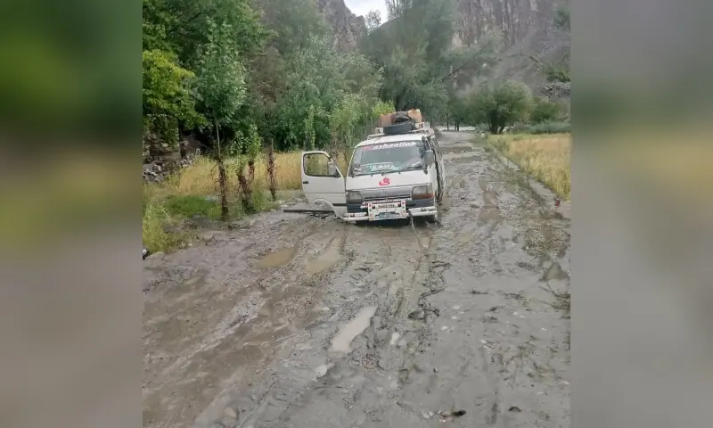 Picture taken on July 23, 2026 shows a van stuck after landslides and floods were caused by torrential rainfall in Gilgit-Baltistan. —Photo via author