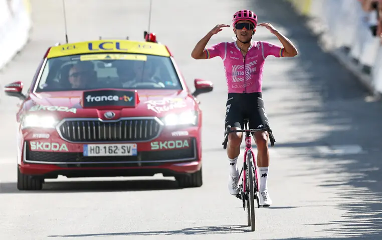 EF EDUCATION-EasyPost’s Ecuadorian rider Richard Carapaz celebrates as he crosses the finish line to win the 18th stage of the Tour de France, a 185km distance from Voiron to Orcieres-Merlette, on Thursday.—Reuters