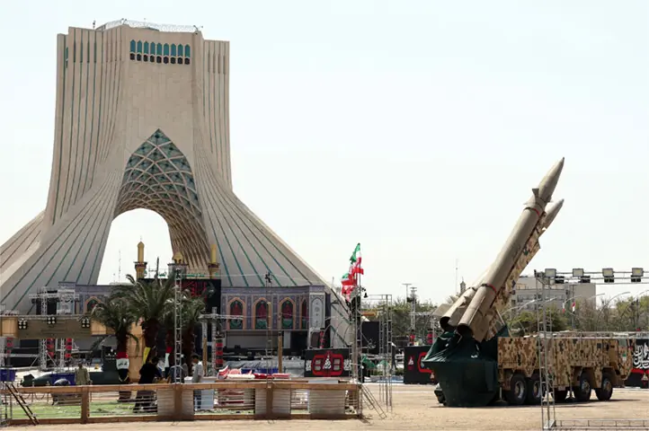  TEHRAN: Iranian-made &lsquo;Zulfiqar&rsquo; missiles are displayed at Azadi Square. As the US kept up its missile strikes on Iranian targets, the IRGC vowed to &lsquo;kill a member of the US forces for every Iranian killed&rsquo;.&mdash;AFP 