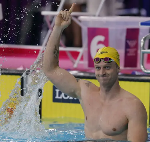  GLASGOW: Australia&rsquo;s Sam Williamson celebrates after winning the men&rsquo;s 50m breaststroke final of the Commonwealth Games at the Tollcross International Swimming Centre.&mdash;Reuters 