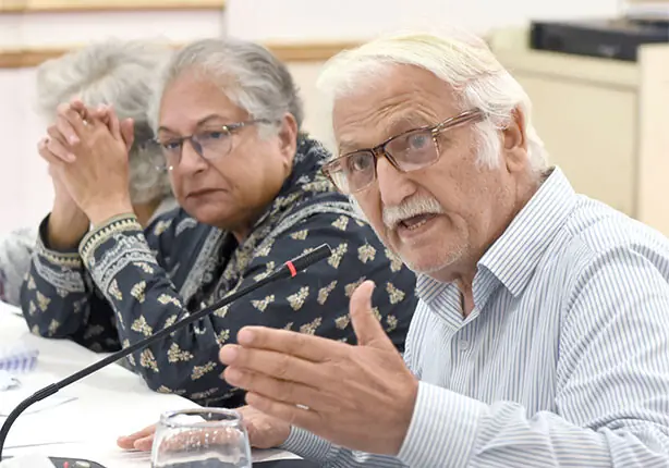 Former PPP Senator Farhatullah Babar, former HRCP chairperson Hina Jilani address at the consultation in Islamabad on Thursday. — Photo by Tanveer Shahzad