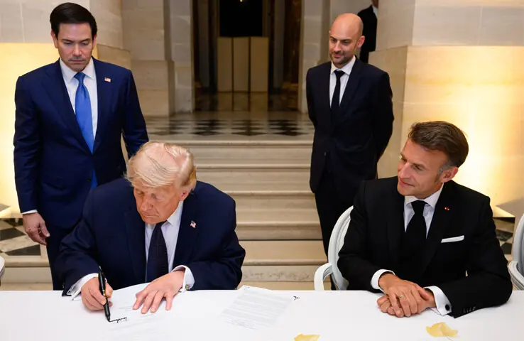 American President Donald Trump signs the US-Iran memorandum of understanding (MoU) at the Palace of Versailles in France on June 17, 2026: Trump reneged on the MoU by violating its clauses regarding Lebanon and Strait of Hormuz | White House