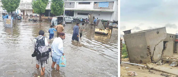 FLOODING after downpour blocks people access to the Hyderabad railway station. (Right) A house has almost collapsed in Umerkot district during a heavy spell of rain.—Dawn