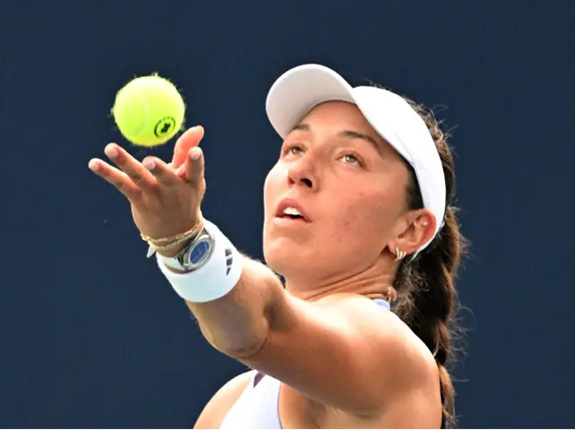 TORONTO: Jessica Pegula of the US serves against Uzbekistan’s Kamilla Rakhimova during their Toronto Masters third-round match at the Sobeys Stadium.—Reuters
