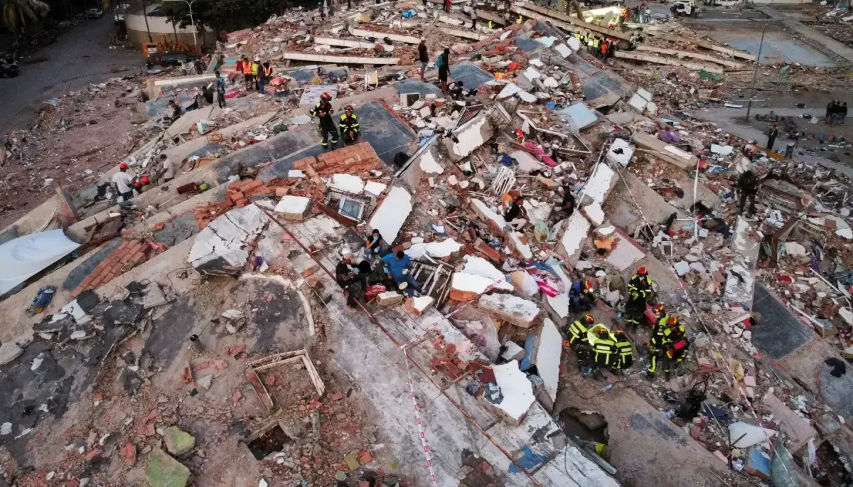 A drone view of members of a Slovakian rescue team taking part in rescue efforts at the site of a collapsed building in the Mision Vivienda government residential complex, in the aftermath of the June 24 earthquakes, in Los Cocos, in La Guaira state, Venezuela on July 1, 2026. —Reuters/File