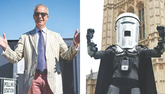  (Left) Reform UK leader Nigel Farage gestures after leaving a makeshift polling station during the by-election. An April 25, 2024, file photo shows Count Binface posing beside London&rsquo;s Palace of Westminster.&mdash;AFP 