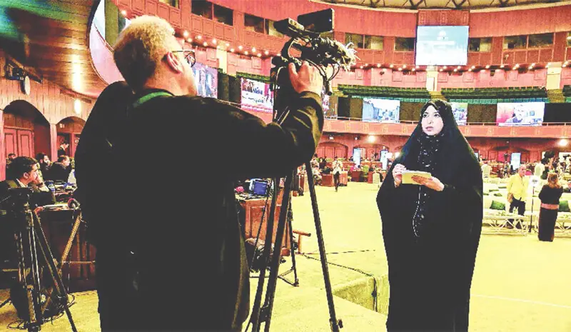 An Iranian journalist reports from a media facilitation centre during the April 2026 talks held between the US and Iran in Islamabad.—Dawn Library