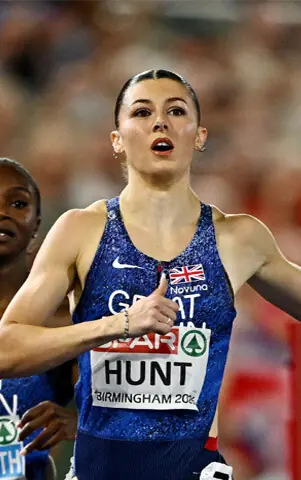Amy Hunt of Britain crosses the line to win the women’s 200-metre final of the European Athletics Championships at the Alexander Stadium. —Reuters