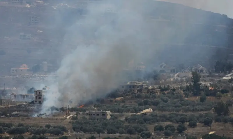 A photograph taken from the southern Lebanese village of Qabrikha shows smoke rising from burning fields in the village of Bani Hayyan, under the control of the Israeli military, about 10 kilometers from the Lebanon-Israel border on August 14, 2026. &mdash;AFP