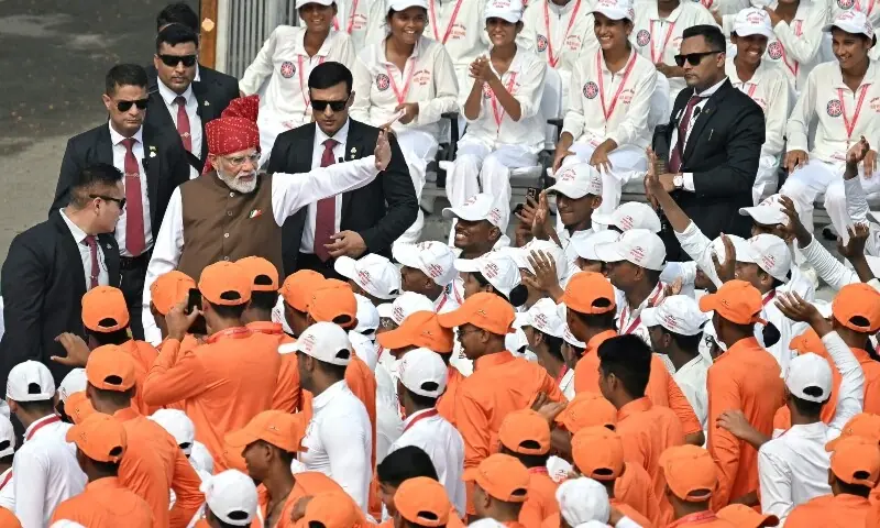 India’s Prime Minister Narendra Modi (2L) waves to the members of National Cadet Corps (NCC) after addressing the nation at the Red Fort during the celebrations to mark country’s Independence Day in New Delhi on August 15, 2026. —AFP
