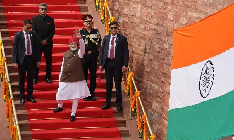 India’s Prime Minister Narendra Modi waves as he attends the Independence Day celebrations at the historic Red Fort in Delhi, India on August 15, 2026. —Reuters