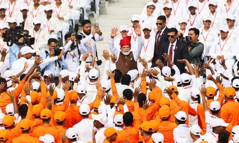 India’s Prime Minister Narendra Modi greets children during the Independence Day celebrations at the historic Red Fort in Delhi, India on August 15, 2026. —Reuters