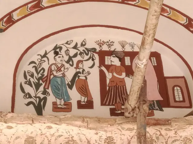 A traditional mural depicting Rama, Sita and Lakshmana, apparently portraying an episode from their forest exile in the Ramayana, is preserved on the walls of the historic Hindu temple at Makhad Sharif. — Photos by the writer