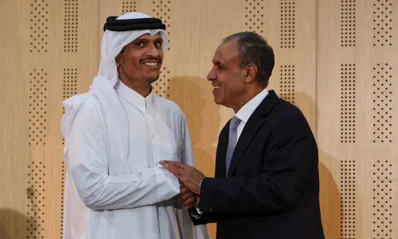 Egyptian Foreign Minister Badr Abdelatty and Qatari Prime Minister and Minister of Foreign Affairs Sheikh Mohammed bin Abdulrahman Al-Thani react after a press conference following high-level discussions in El Alamein, Egypt, August 20, 2026. &mdash;Reuters