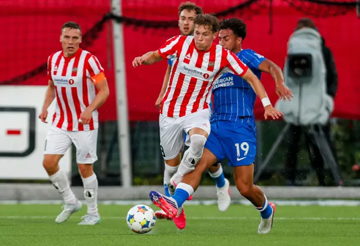  TROMSO (Norway): Brighton and Hove Albion&rsquo;s Charalampos Kostoulas (R) vies for the ball with Jesper Grundt of Tromso during their Conference League play-off first leg at Romssa Arena.&mdash;AFP 