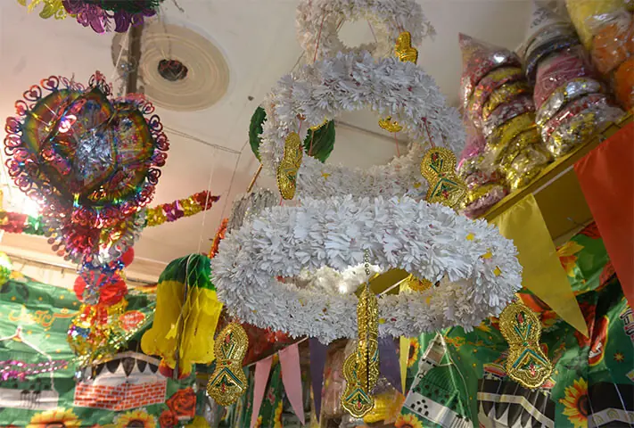 Colourful decorative items displayed at a shop.