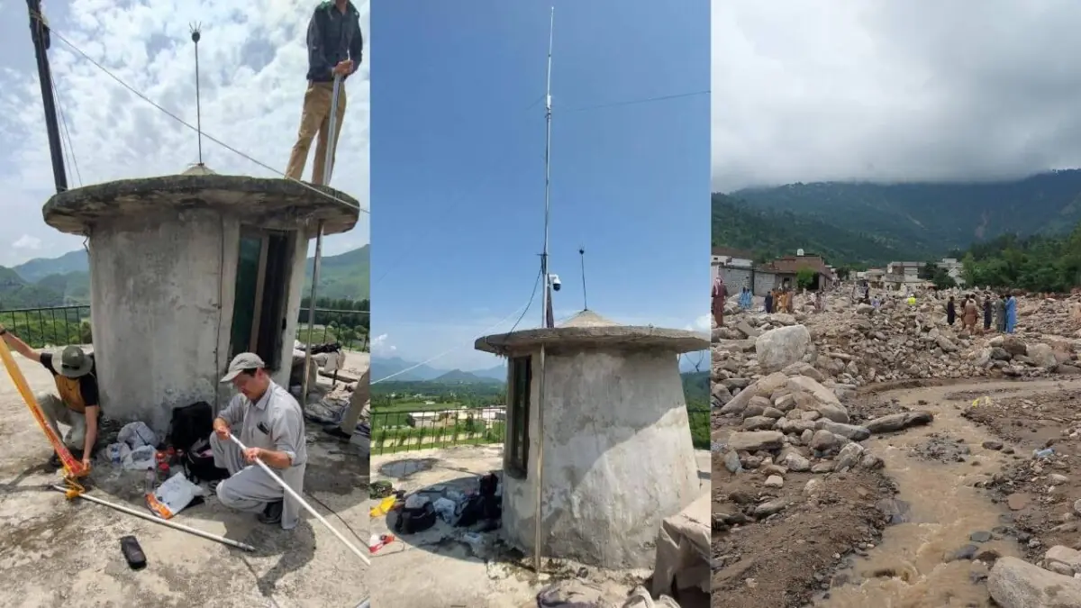 Left to right: PARS at work, the finished antenna, the devastation in Buner. Photos via PARS