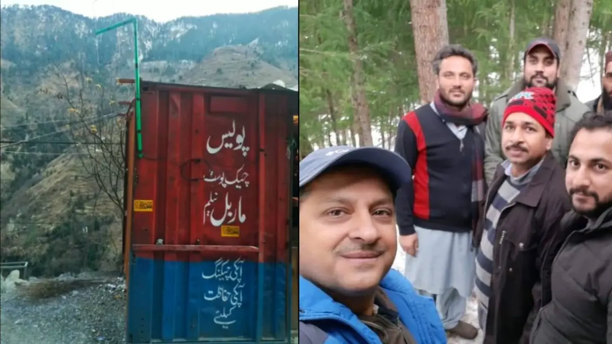 Left: The antenna made by PARS on the Police check post with a green PVC pipe as boom. Right: The group that installed it, including Marwat (front) and Ajmal (red hat). Photos via Mubeen Ajmal