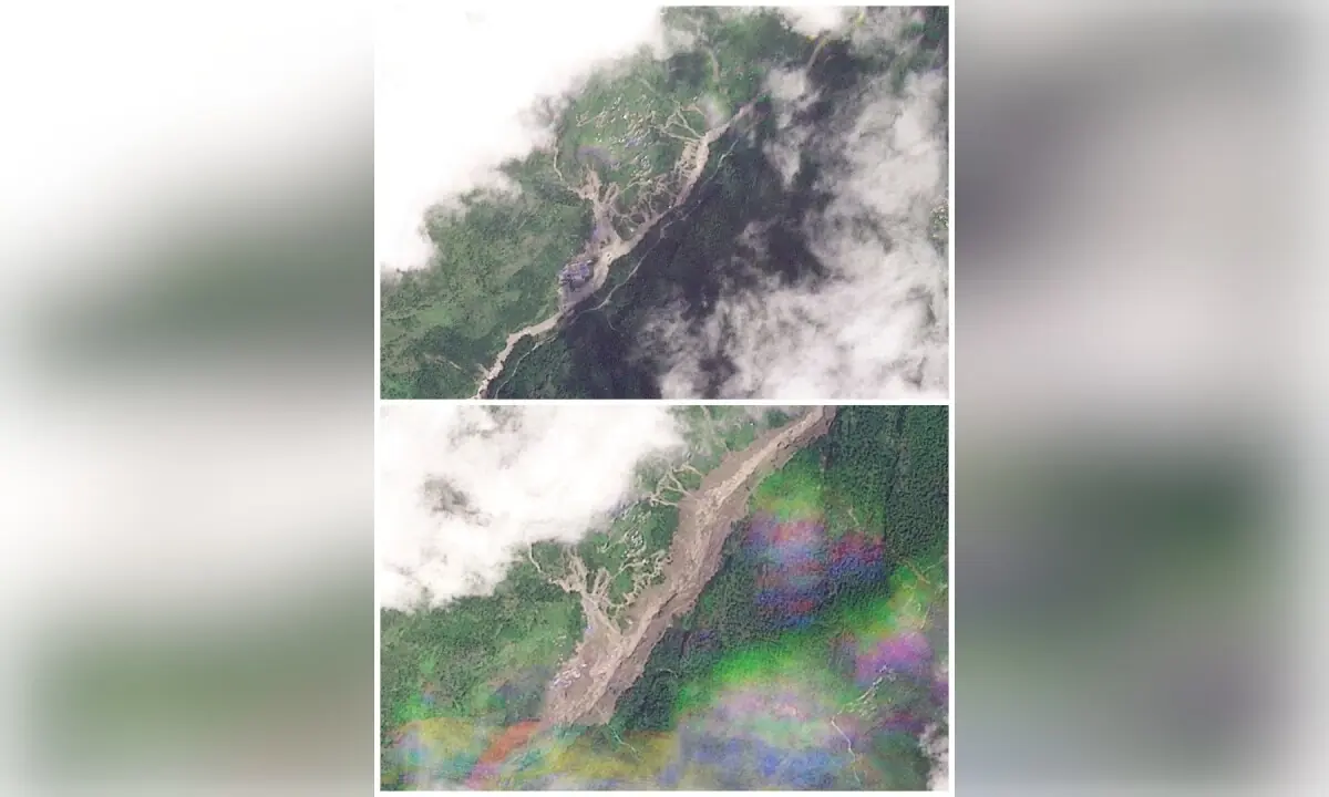 A combination of satellite images shows an area of Hakubesi, before (top) and after (bottom) deadly flash floods and a mudslide affected the region, Nepal, August 25, 2026 and August 26, 2026. &mdash;Planet Labs PBC/Handout via Reuters