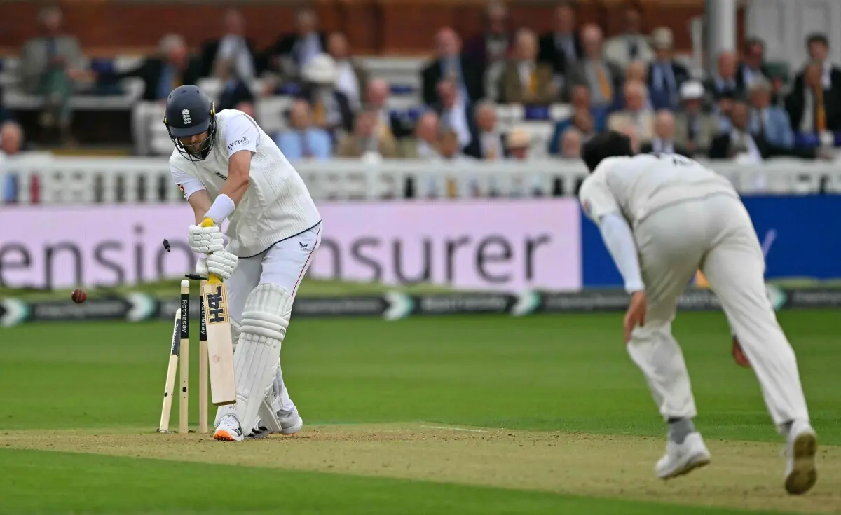 Bails fly as Pakistan’s Mohammad Ali bowls out England’s Ollie Robinson for no runs on day one of the second test match between England and Pakistan at Lord’s cricket ground in London on August 27, 2026. — AFP