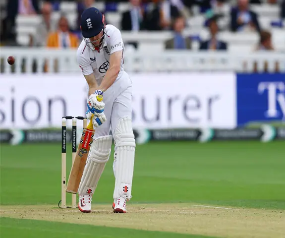 LONDON: England batter Harry Brook is beaten by Pakistan pacer Mohammad Ali during their second Test at Lord&rsquo;s on Saturday.&mdash;Reuters 