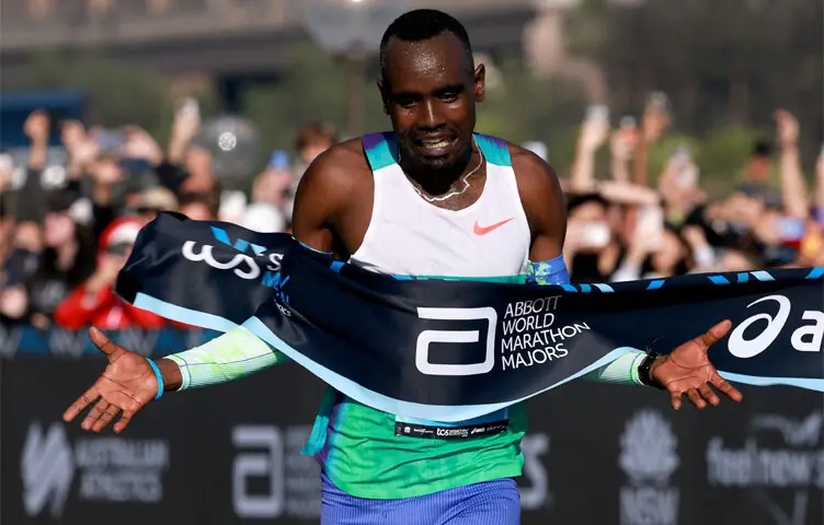  ETHIOPIA&rsquo;S Addisu Gobena celebrate after winning the Sydney Marathon in the men&rsquo;s and women&rsquo;s sections, respectively, on Sunday.&mdash;AFP 