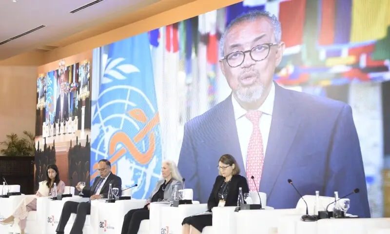 World Health Organisation Director General Tedros Adhanom Ghebreyesus’ video message plays during the conference. — White Star/Tanveer Shahzad