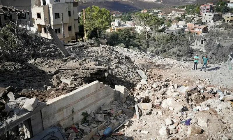 Residents inspect the destruction the morning after a night airstrike by the Israeli military that targeted the southern Lebanese village of Mayfadoun on September 5, 2026. &mdash;AFP