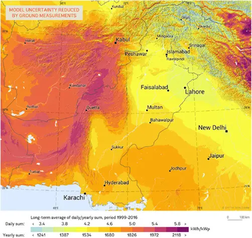 A map showing long-term average photovoltaic (PV) power output potential across Pakistan and neighbouring regions from 1999-2016. Yellow is low potential, orange is moderate-high potential, red/pink are high potential and magenta/purple are very high potential areas | World Bank