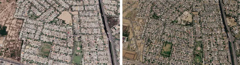 Satellite imagery from 2020 (left) and 2026 (right) show the solar transition in Lahore’s DHA, which falls in a lower PV power output potential region | Renewables First