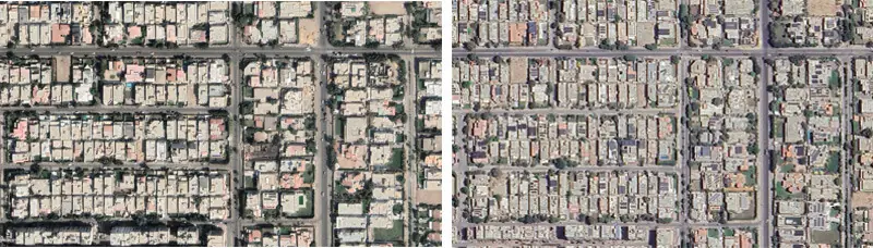 Satellite images show the transition to solar power in Karachi’s DHA from 2020 (left) to 2026 (right), based on solar panels visible on roofs| Renewables First
