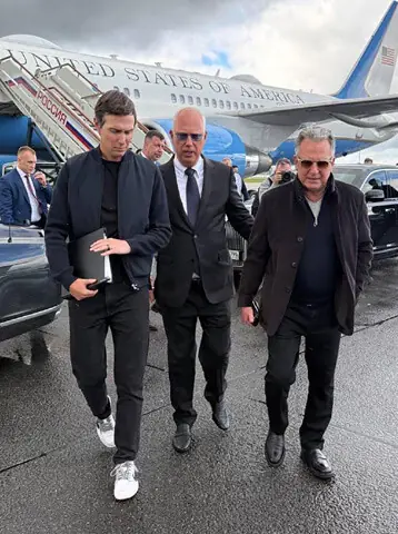 Jared Kushner (left) and US Special Envoy Steve Witkoff (right) are welcomed by presidential envoy Kirill Dmitriev (centre) upon their arrival in Moscow.—AFP