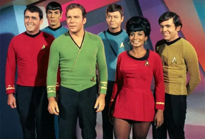 (Left to right): Montgomery ‘Scotty’ Scott (James Doohan), Mr Spock (Leonard Nimoy), Captain James T. Kirk (William Shatner), Dr Leonard ‘Bones’ McCoy (DeForest Kelley), Nyota Uhura (Nichelle Nichols) and Pavel Chekov (Walter Koenig) | NBC