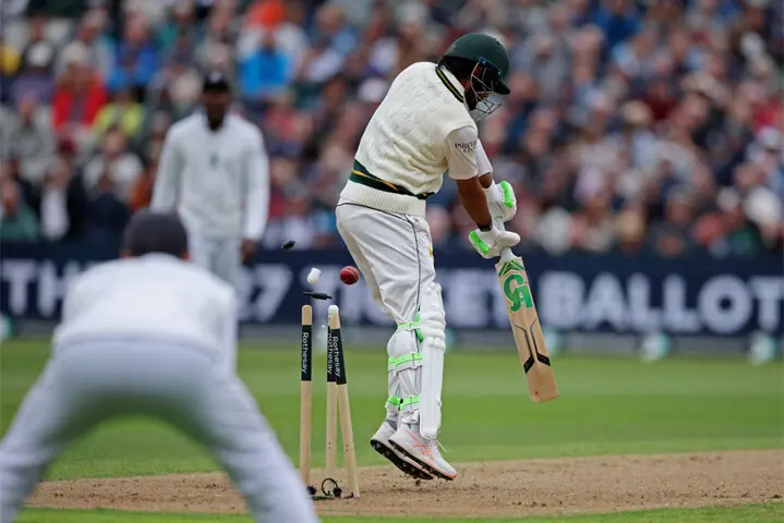 PAKISTAN captain Babar Azam is bowled by England pacer Josh Tongue during the third Test at Edgbaston on Wednesday.—Reuters