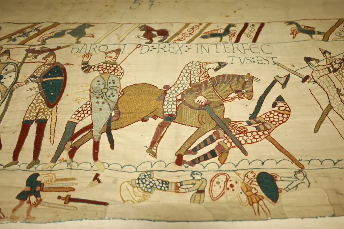  A detail of the embroidery depicting the scene of King Harold&rsquo;s death in the Bayeux Tapestry is displayed during the press preview 