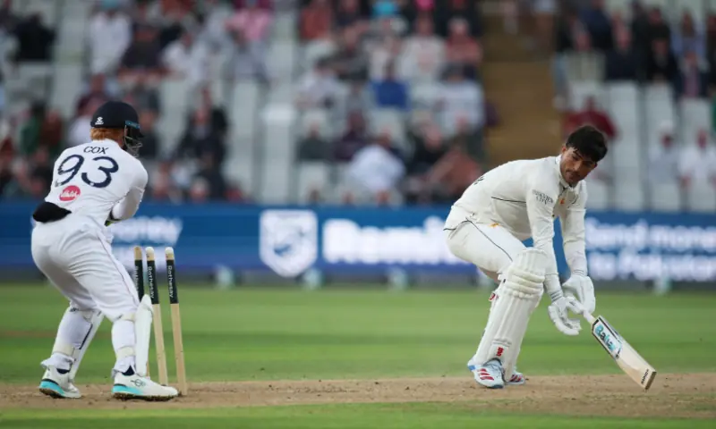 Razaullah is stumped by England wicket-keeper Jordan Cox to get dismissed, but only after ensuring the Test match goes into its fourth day.–Reuters