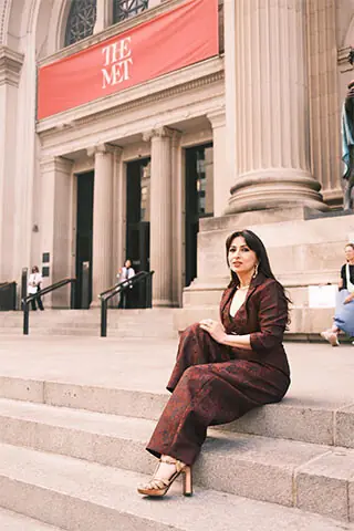  Saba Qizilbash pictured outside the Metropolitan Museum of Art (The Met) in New York, where her work is currently on display  