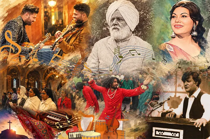  Top row (L-R): The Leo Twins, Imam-ud-Din Shahbaz and Irene Parveen Bottom row (L-R): Christian devotees at a Christmas prayer service at the Sacred Heart Cathedral in Lahore and Robin Ghosh | White Star/AFP/Wikimedia Commons - Illustration by Farooq Dawood Saati 