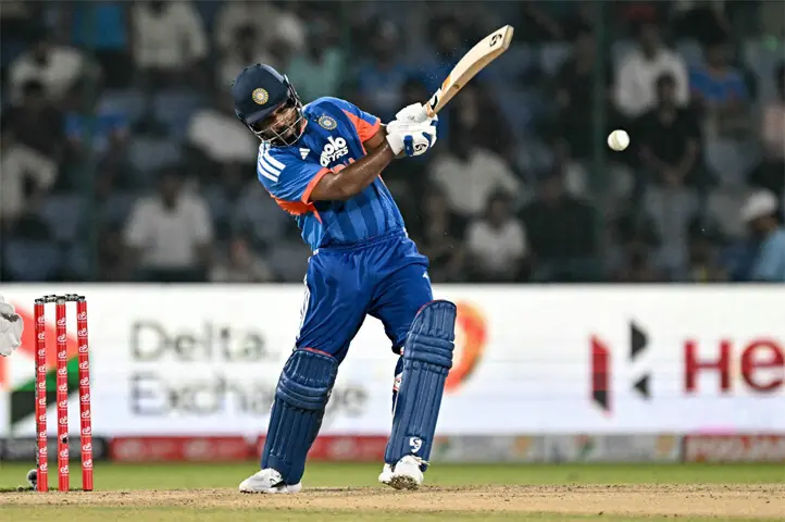 INDIAN opener Sanju Samson plays a shot during the second T20 International against Afghanistan at the Arun Jaitley Stadium on Tuesday.—AFP