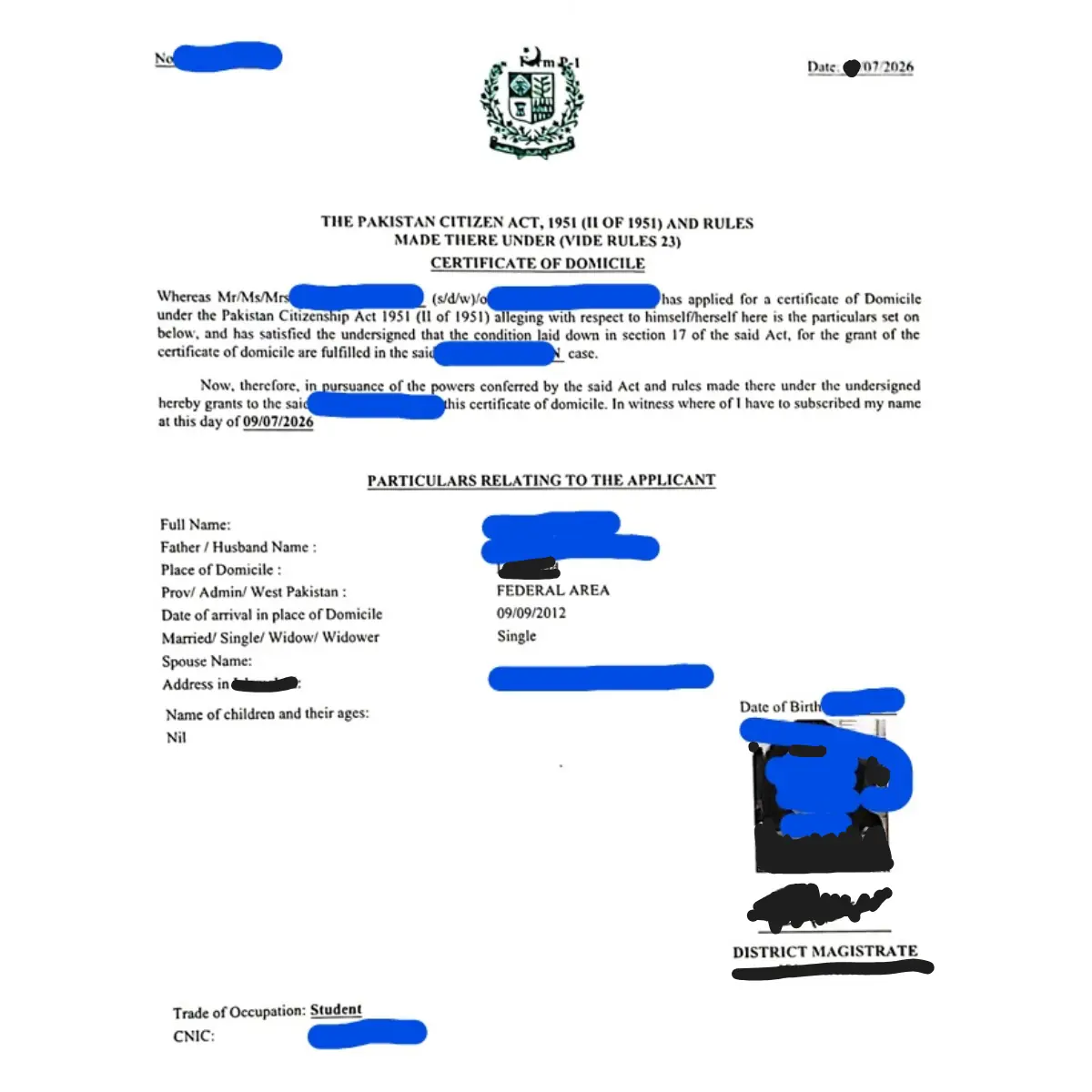 An image of the domicile certificate. Parts redacted to protect privacy.