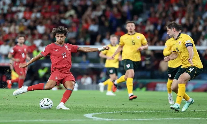 Portugal&rsquo;s Joao Felix shoots to score against Wales during their UEFA Nations League Group A4 match at the Jose Alvalade Stadium in Lisbon on September 24, 2026. &mdash;AFP
